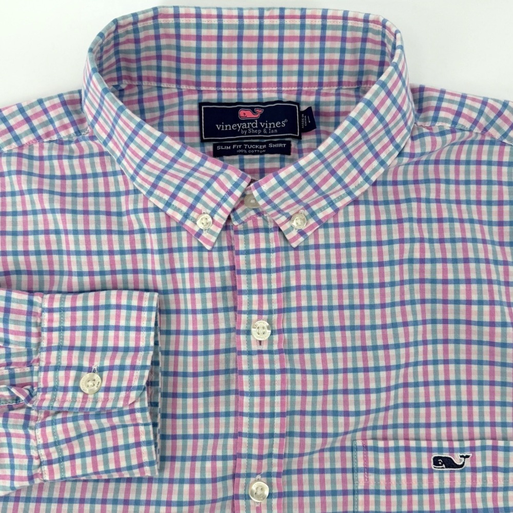 Vineyard Vines Slim Fit Tucker Shirt Mens XL Pink Blue Gingham Plaid Cotton